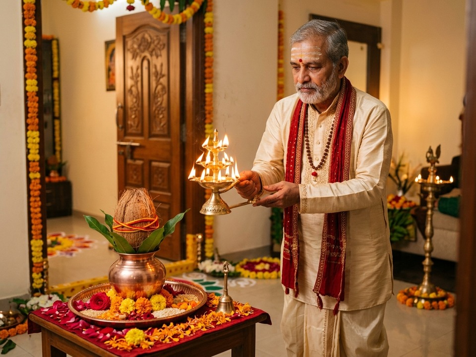 Vedic Pandit performing Griha Pravesh Aarti